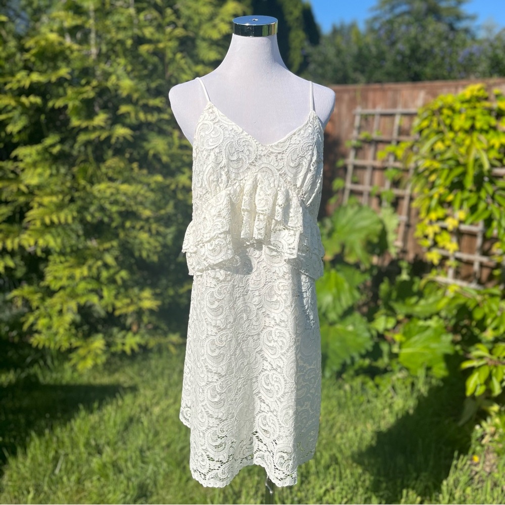 PERIDOT BOUTIQUE White Lace Dress Size Large Mango Mini Boho Cocktail Wedding